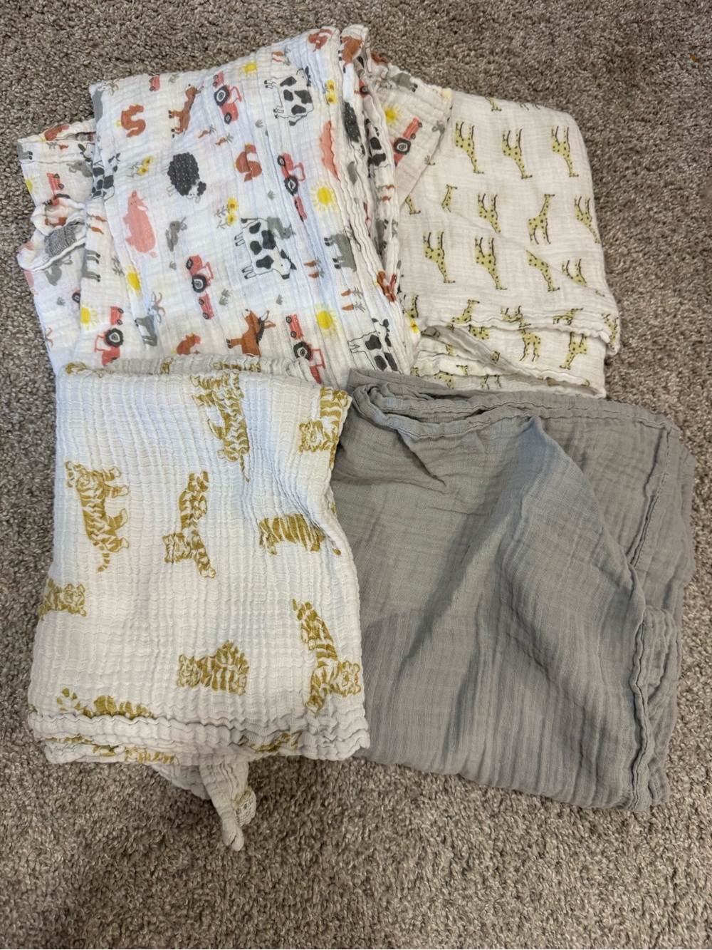 Set of 4 Muslin Baby Swaddles - Giraffe, Farm, Tigers, Solid Gray